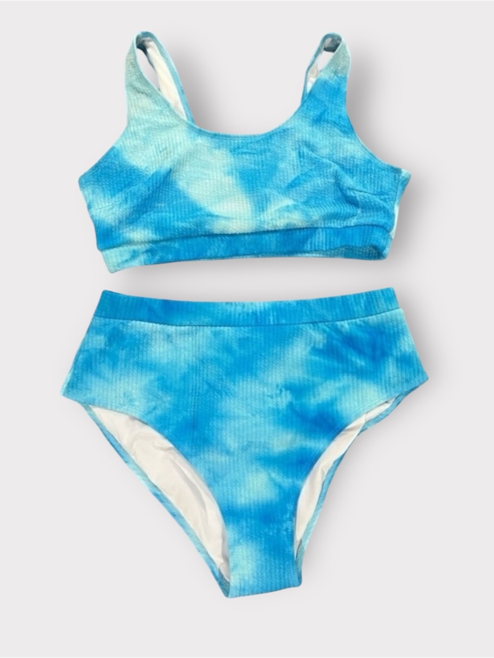 Plus Size Tie-Dye Bikini set : High Waist Ribbed Swimsuit 2XL Blue White Scoop